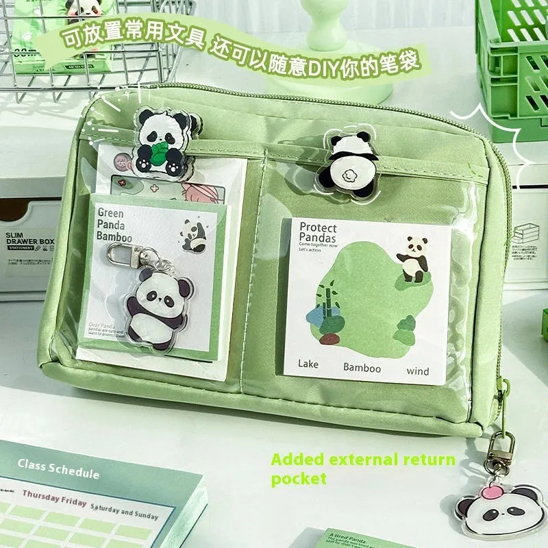Green canvas panda pencil case with 12 zippered layers for stationery organisation