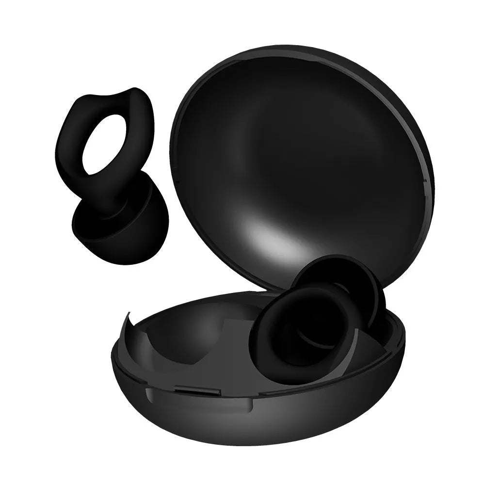 A pair of black silicone soundproof earplugs on a white background.