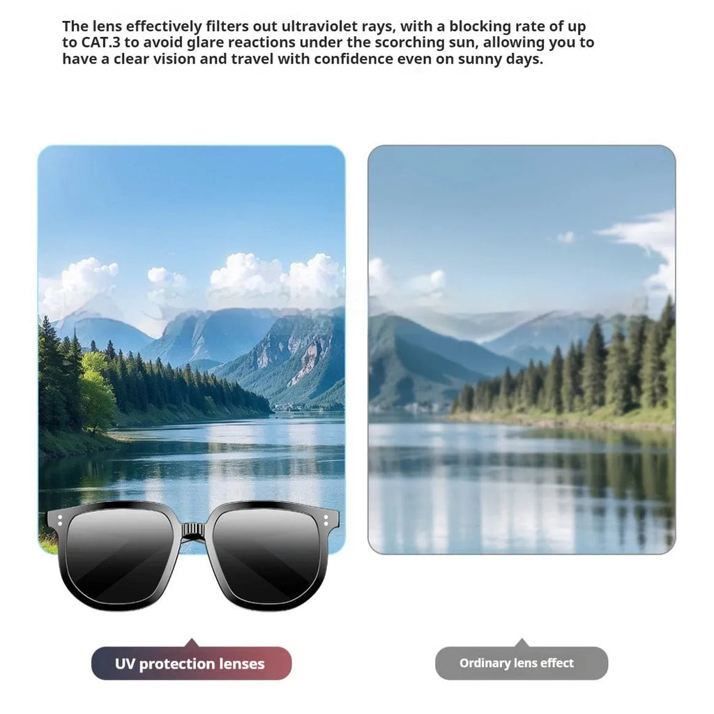 Black AI smart Bluetooth sunglasses with touch controls for hands-free calls and music.