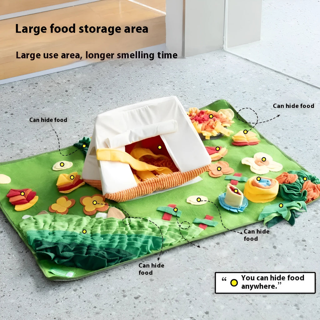 Themed dog sniffing mat showing garden camping pattern for canine enrichment and mental stimulation