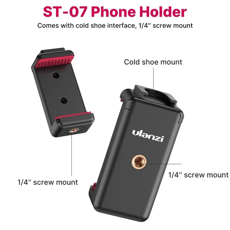 Compact aluminium tripod in folded and extended positions for smartphone vlogging.