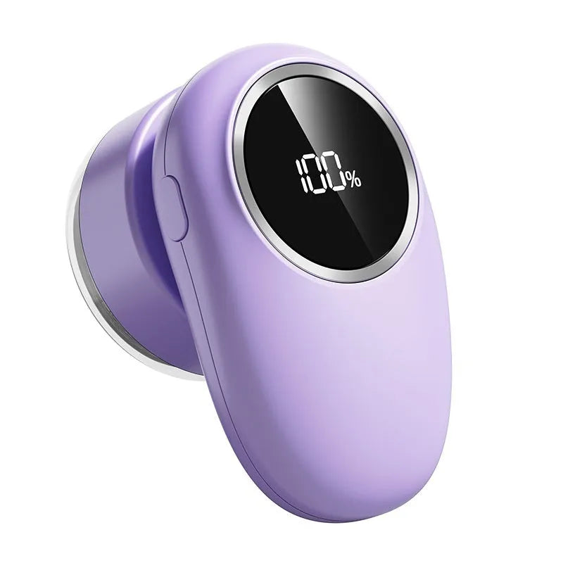 Digital fur ball trimmer with lint roller function in beige or purple colour with interchangeable cutter heads
