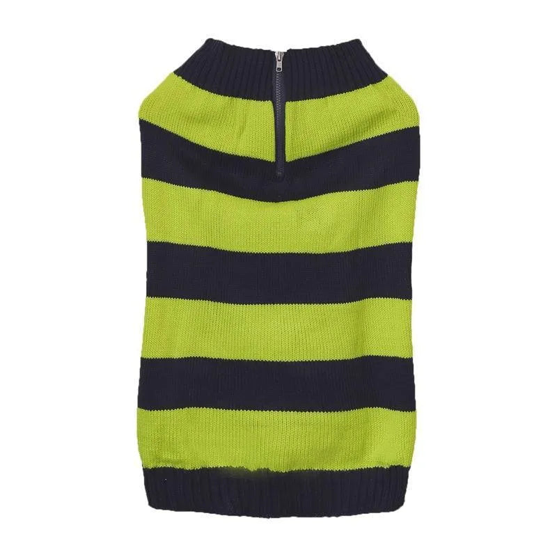 Grey acrylic dog jumper with a horizontal front zip and a green button pocket on a small dog.
