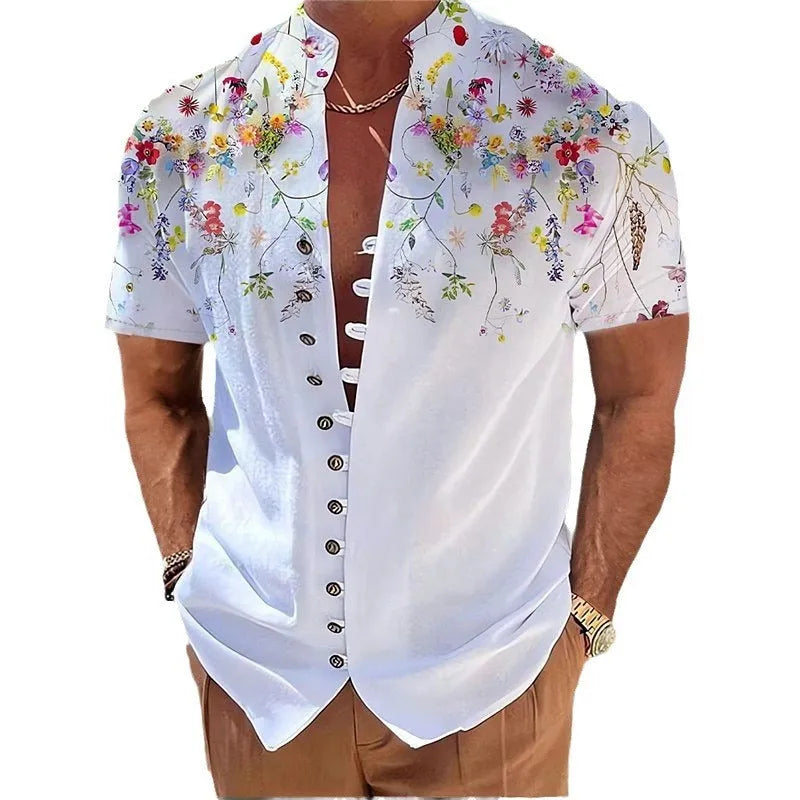 Youth wearing a short sleeve cardigan shirt with a geometric floral pattern in a polyester blend fabric.