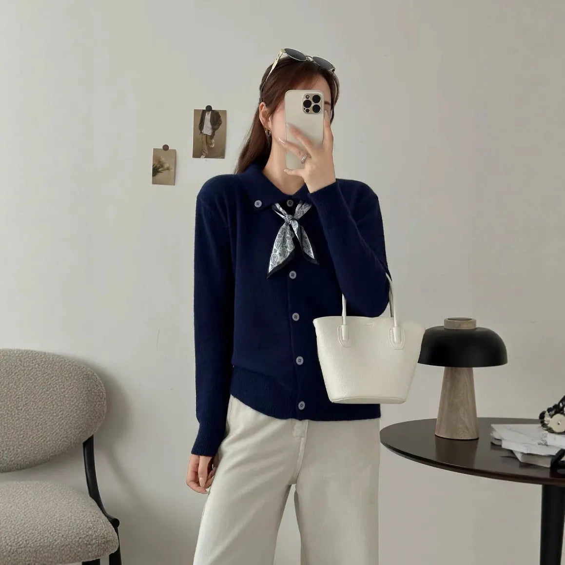 Lapel scarf cardigan sweater in acrylic fibre, shown in milky white colour.