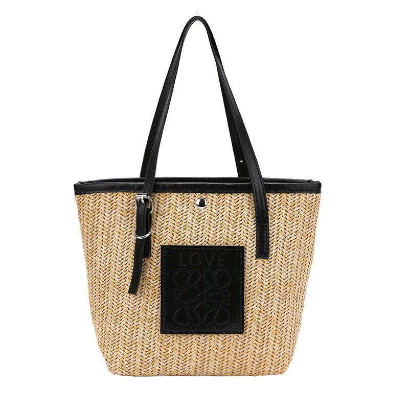 Women's straw woven shoulder bag in European retro style with large capacity and soft straw PU material