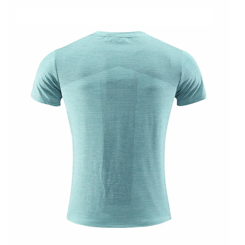 Short sleeve sports T-shirt for running and basketball in polyester spandex fabric, shown in red.