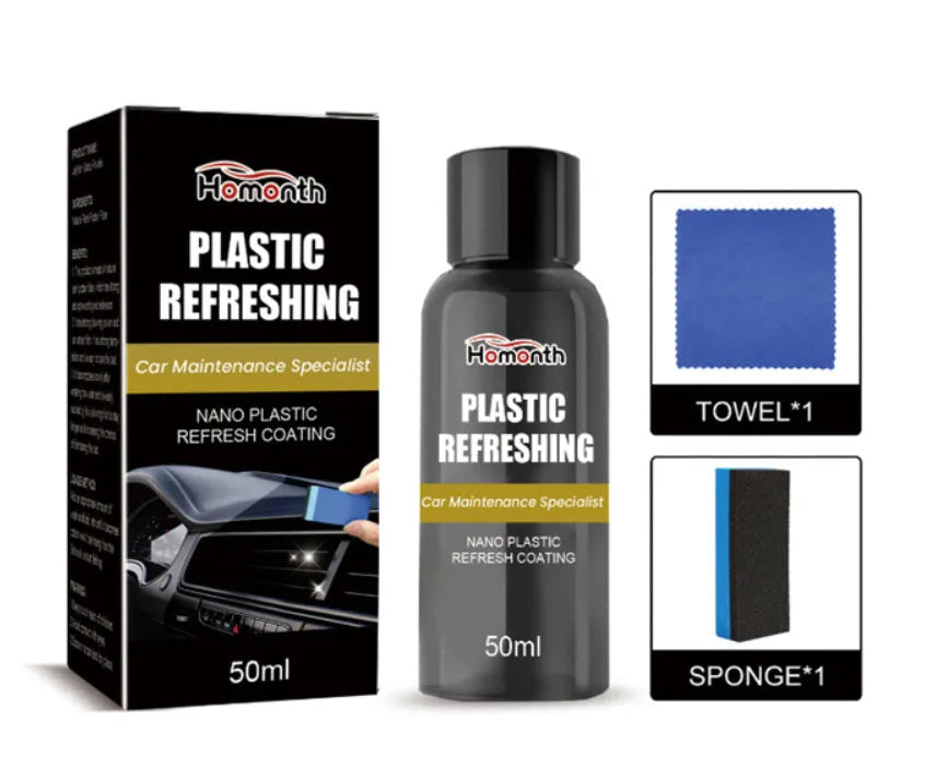 Nano plastic refresh coating kit showing repair agent bottle, applicator sponge, and cleaning towel