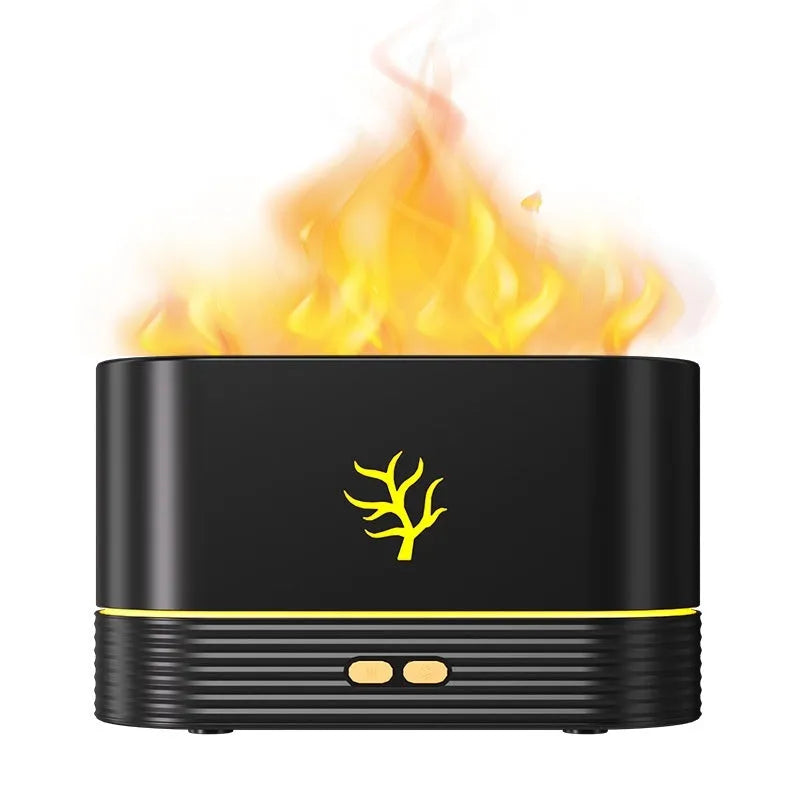Square flame humidifier with LED fire effect showing mist output