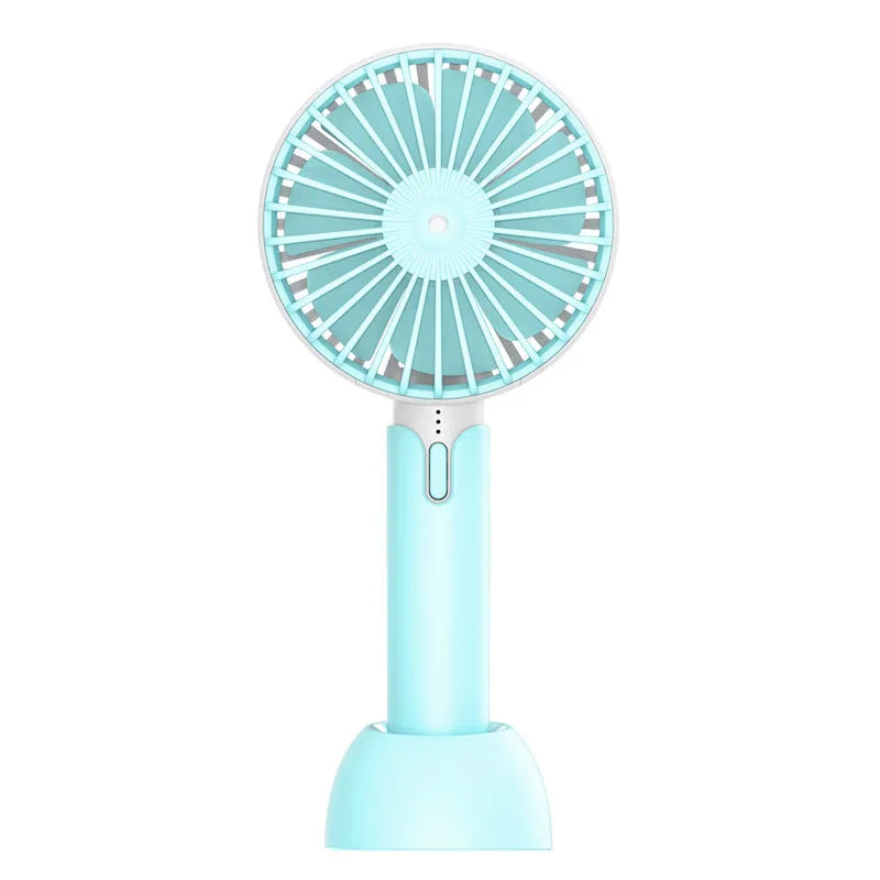 Blue mini silent USB handheld fan with oscillation, shown on a desktop.
