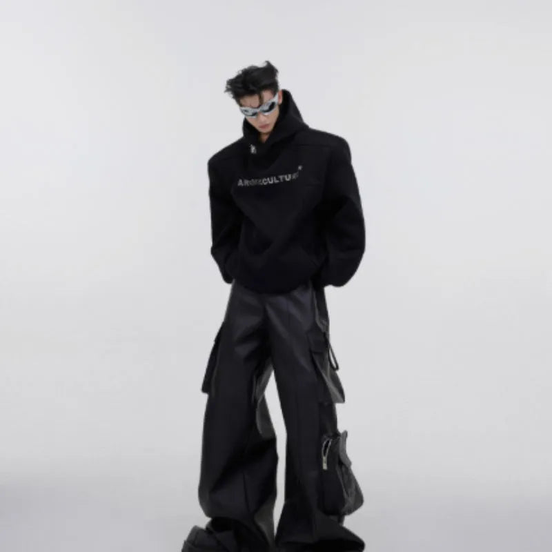 Men's loose-fitting hooded sweater with three-dimensional printing and heavy shoulder pads in red colour