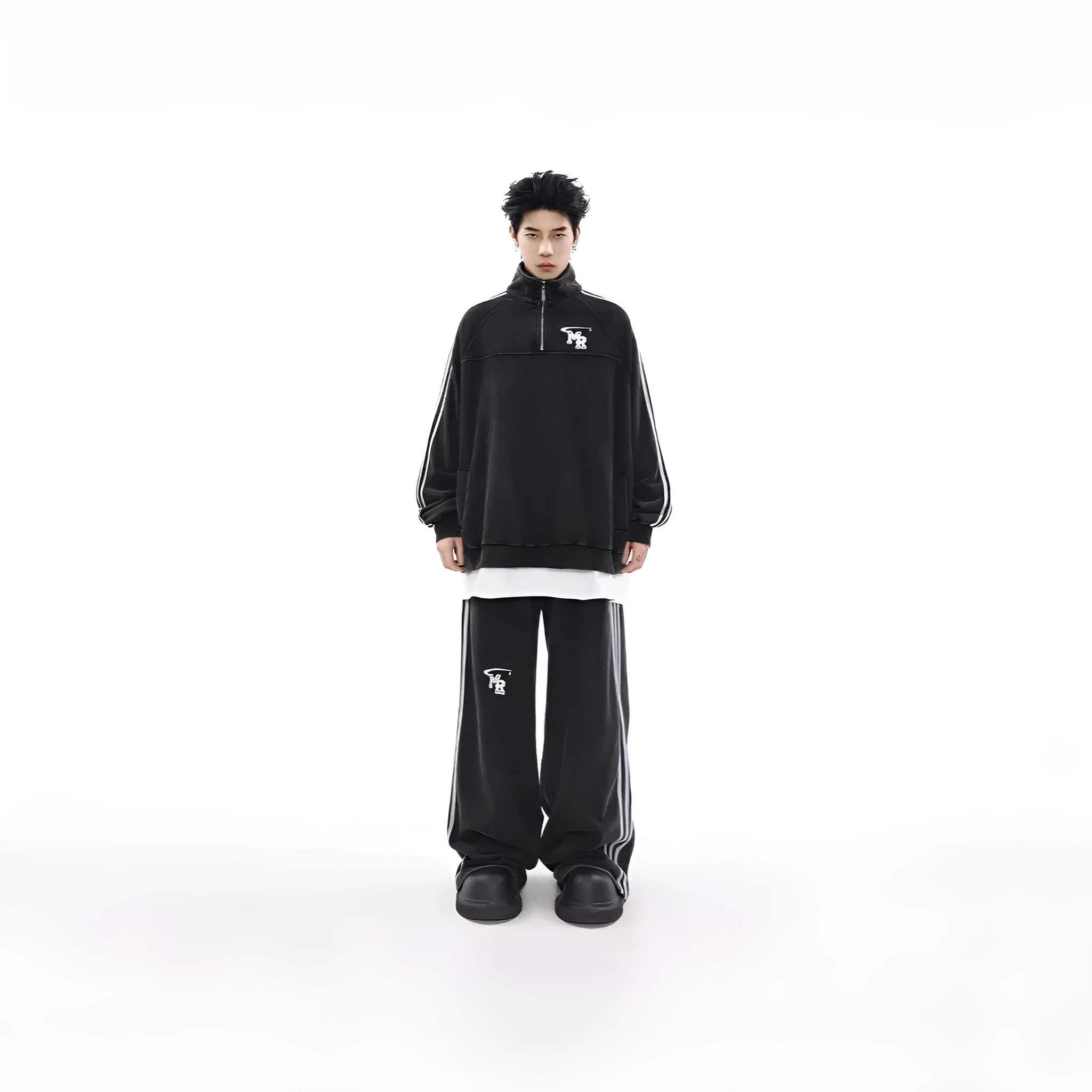 Black Hong Kong style men's polyester hoodie coat with stand collar and long sleeves.