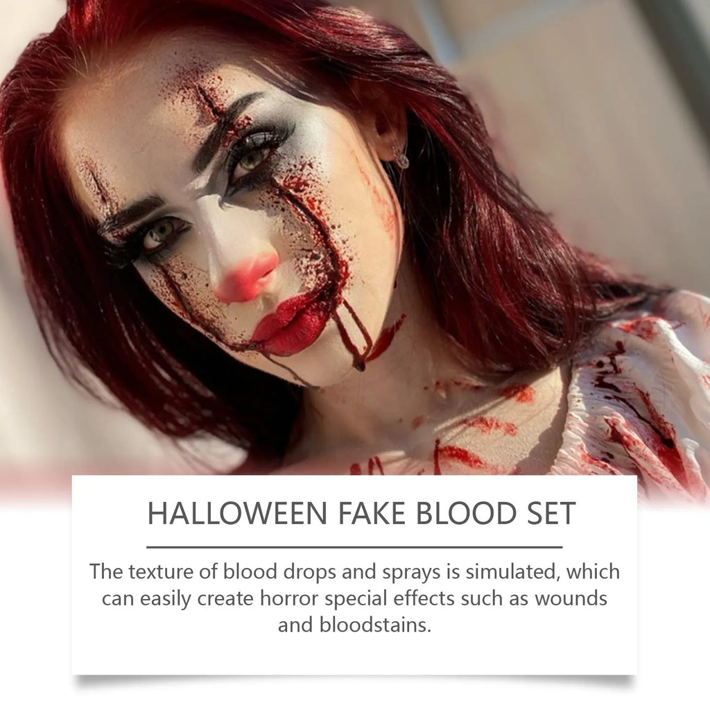 3-piece washable fake blood kit with plasma drops, spray, and facial soap for Halloween special effects