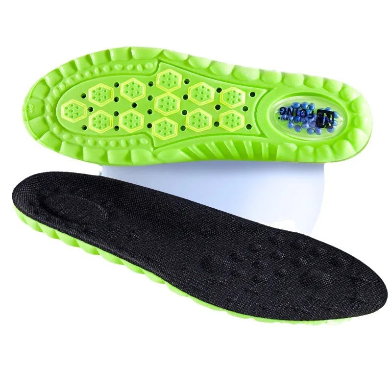 Green PU sports insoles with argy wormwood, shown with size guide for ranges 35-46.