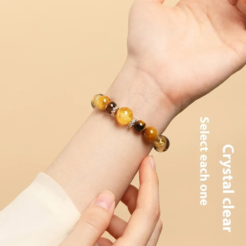 Crystal tiger-eye bracelet with jinba yellow tower design in geometric shape