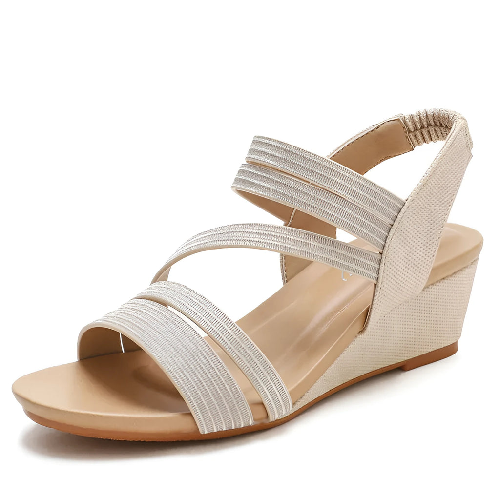 Women's leather platform sandals with mid-height heel in gold, grey and pink colour options