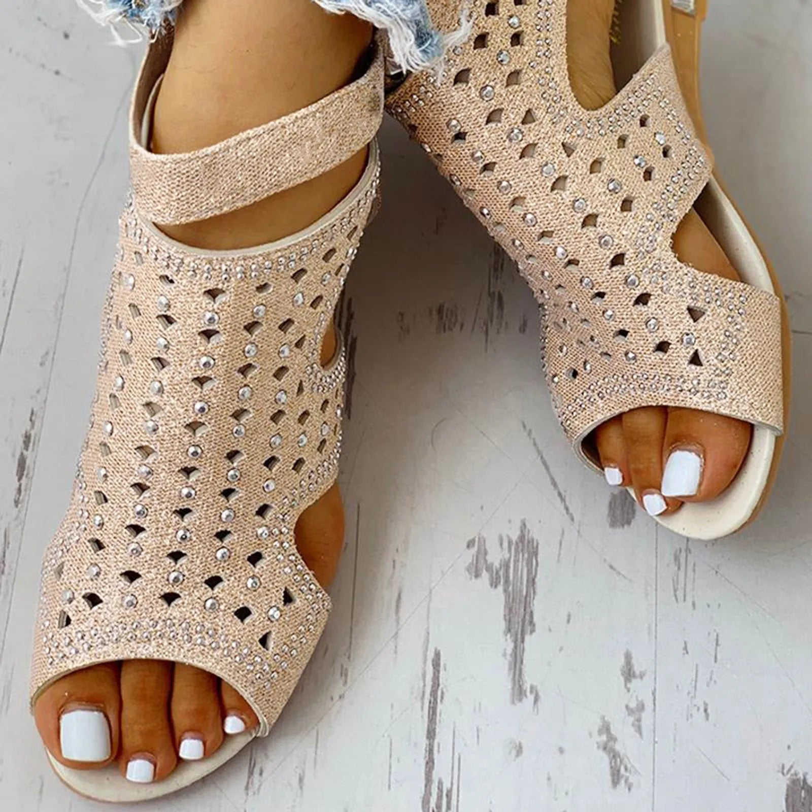 Rhinestones Roman sandals with peep toe and back zip design, PU upper, available in beige