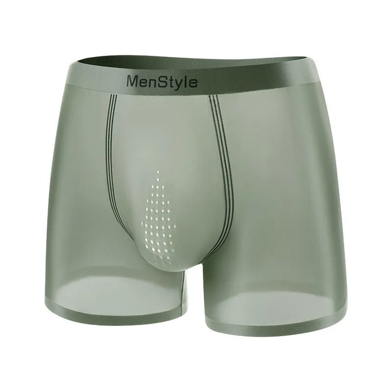 Men's seamless ice silk satin boxers in multiple colours showing mid-waist fit