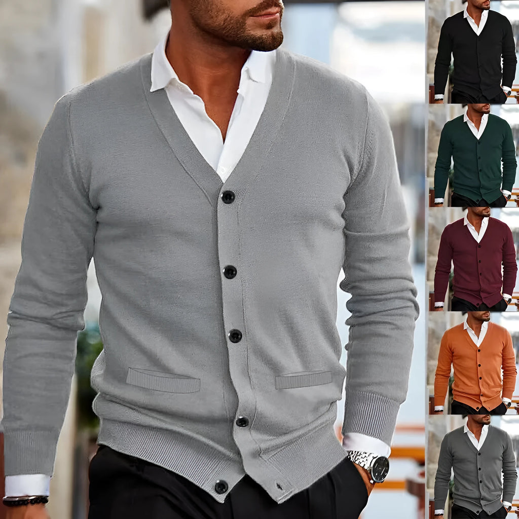 Men's slim fit acrylic cardigan sweater in wine red colour on a hanger.