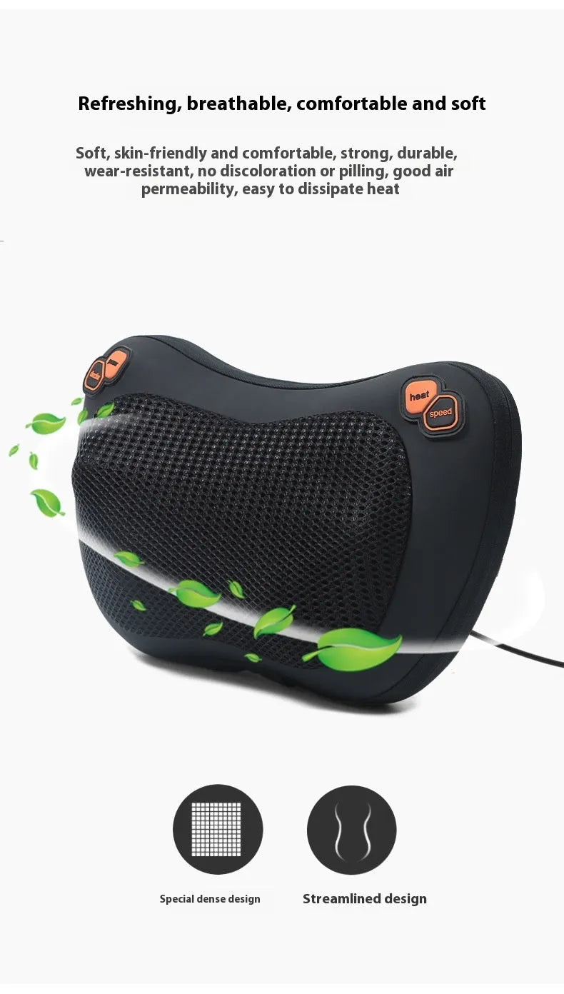 Black genuine leather neck and shoulder massage pillow with 8 heads for car and home use.