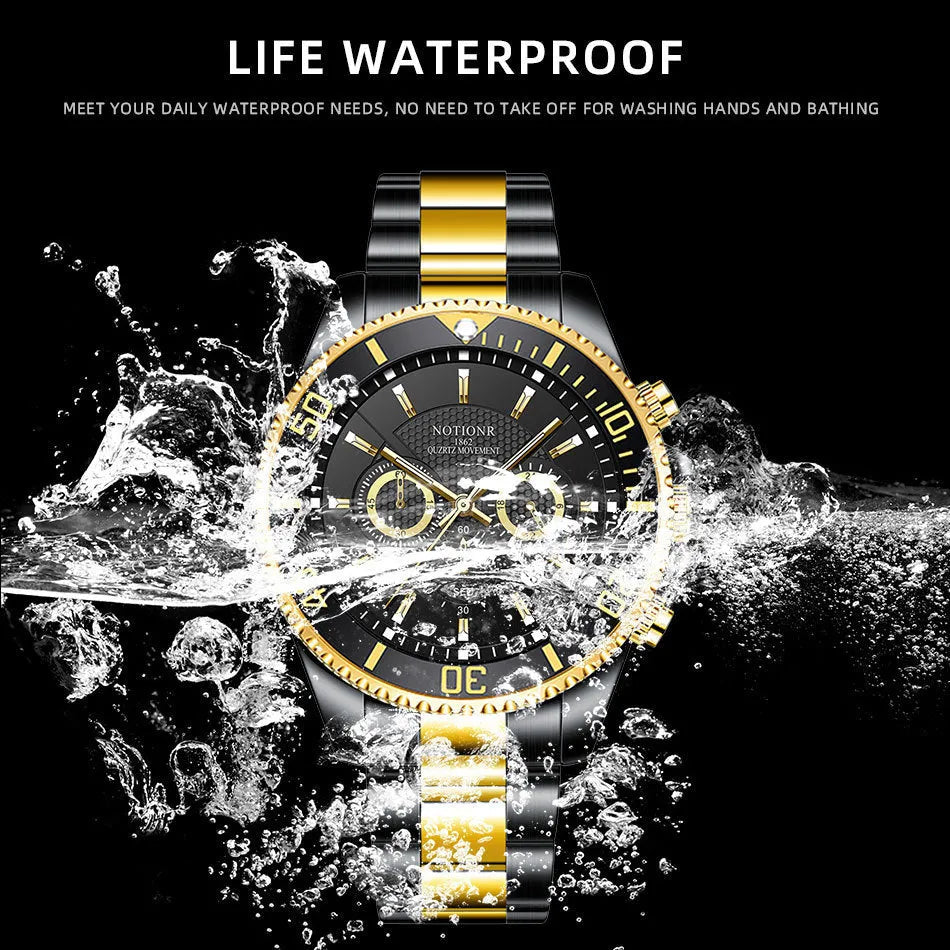 Men's gold green stainless steel quartz watch with luminous dial and calendar, 42mm, 30m water resistant
