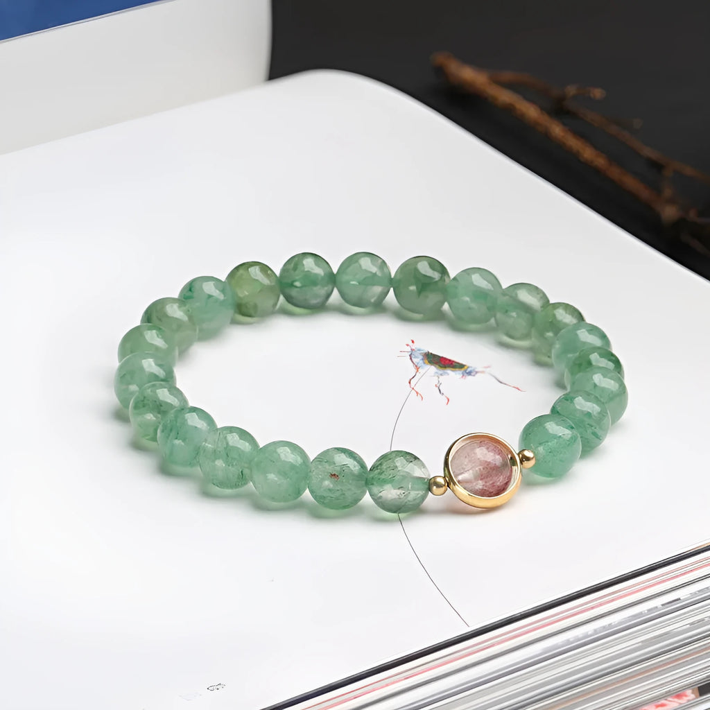 Natural green strawberry quartz 7.5mm bead hand-woven women's bracelet geometric Chinese-style design.