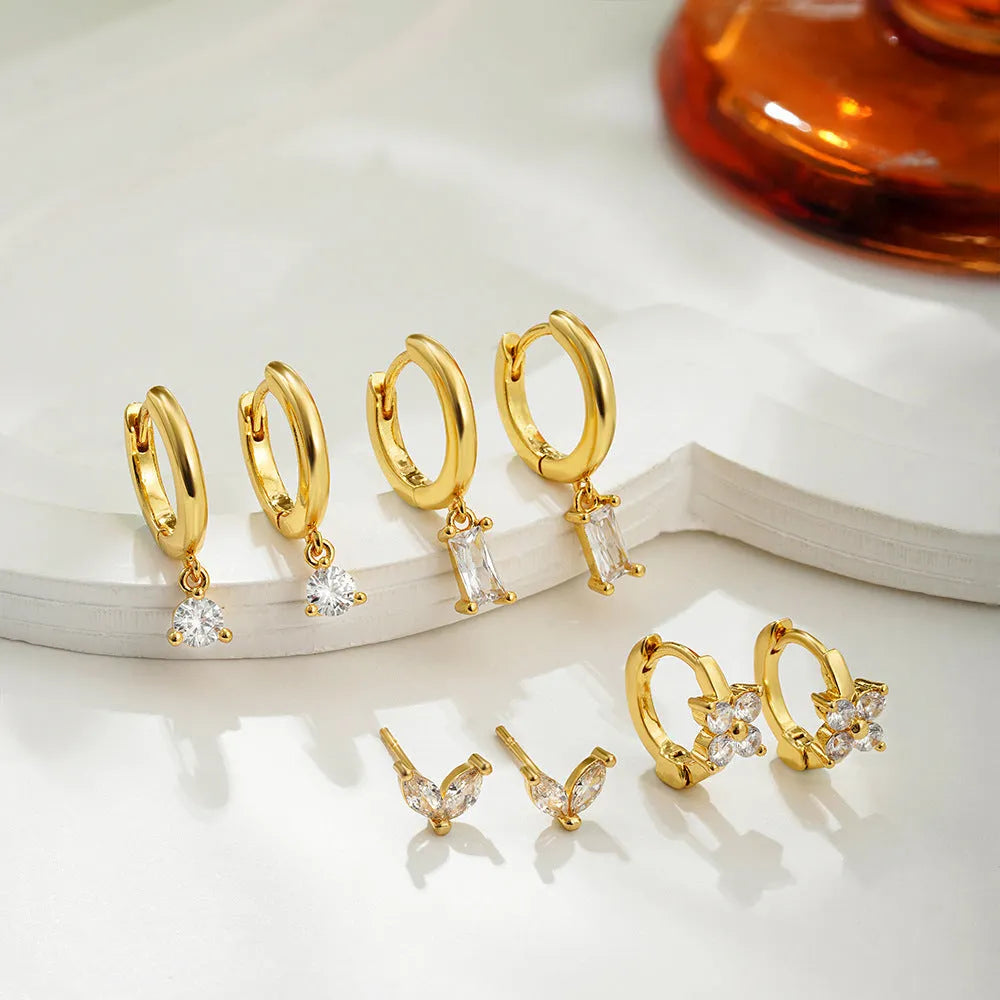 Copper plating zircon geometric square earrings four-piece set gold silver colour women's jewellery