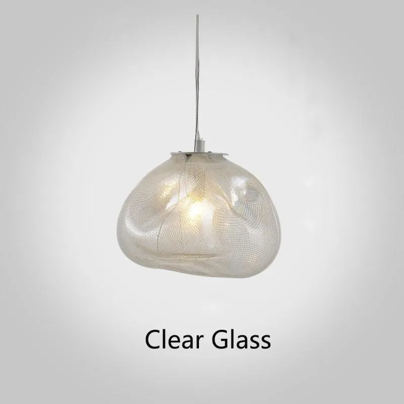Modern fabric chandelier with glass shade in amber, clear or smoke grey colour options