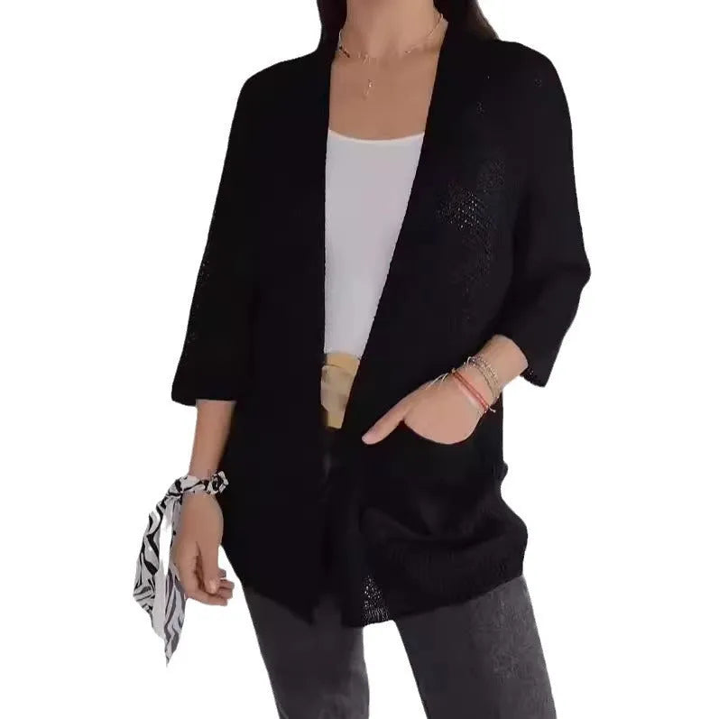 Women's waffle knit cardigan coat with nine-quarter sleeves in army green colour
