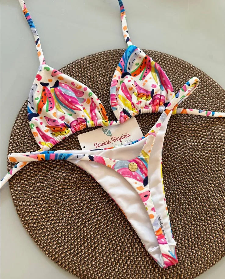 Split bikini set in high-waist Brazilian style, nylon and polyester, available in multiple colours and sizes S M L