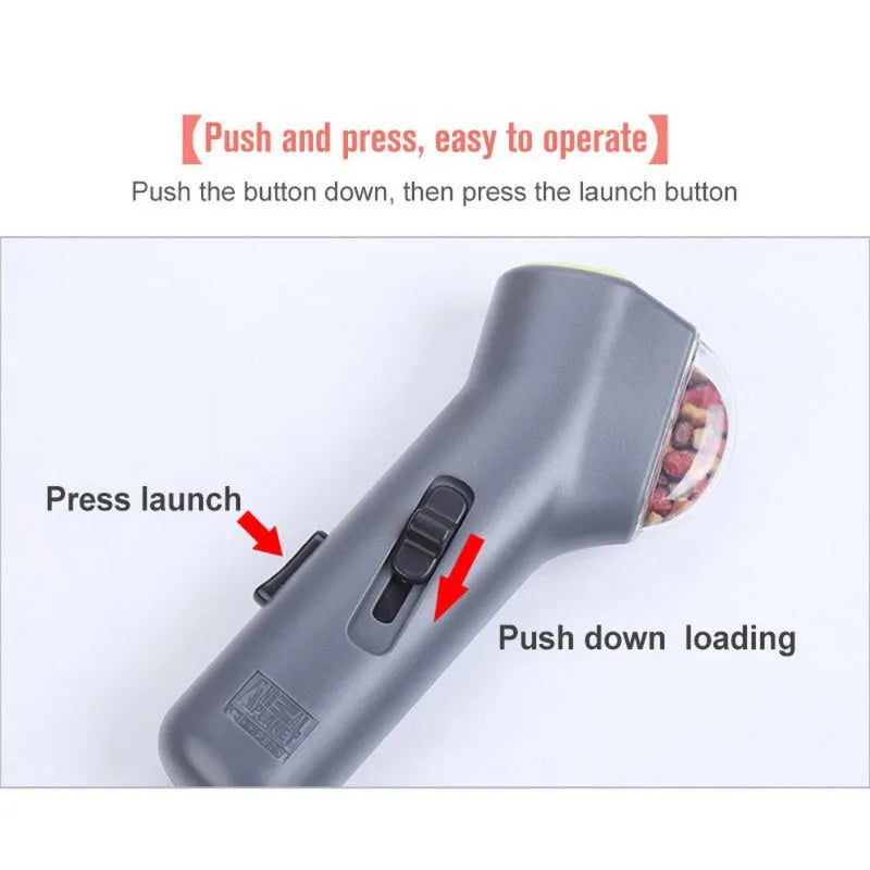 Grey pet snack catapult launcher measuring 18x7.5x3.5cm for treat ejection up to 3 metres