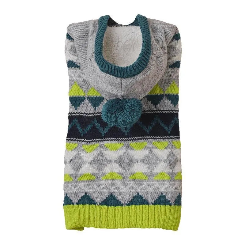 Green diamond pattern acrylic pet sweater for dogs on size guide showing XS to XL options