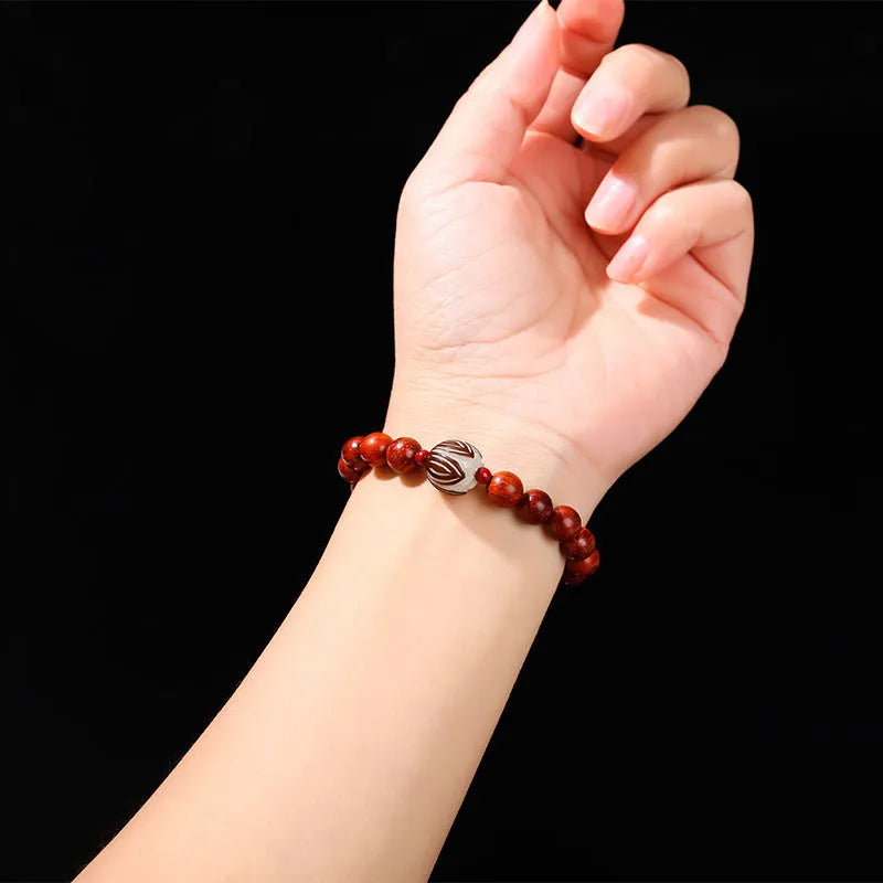 Red Rosewood and gray jade Bodhi Lotus bracelet for women with 12mm geometric beads.