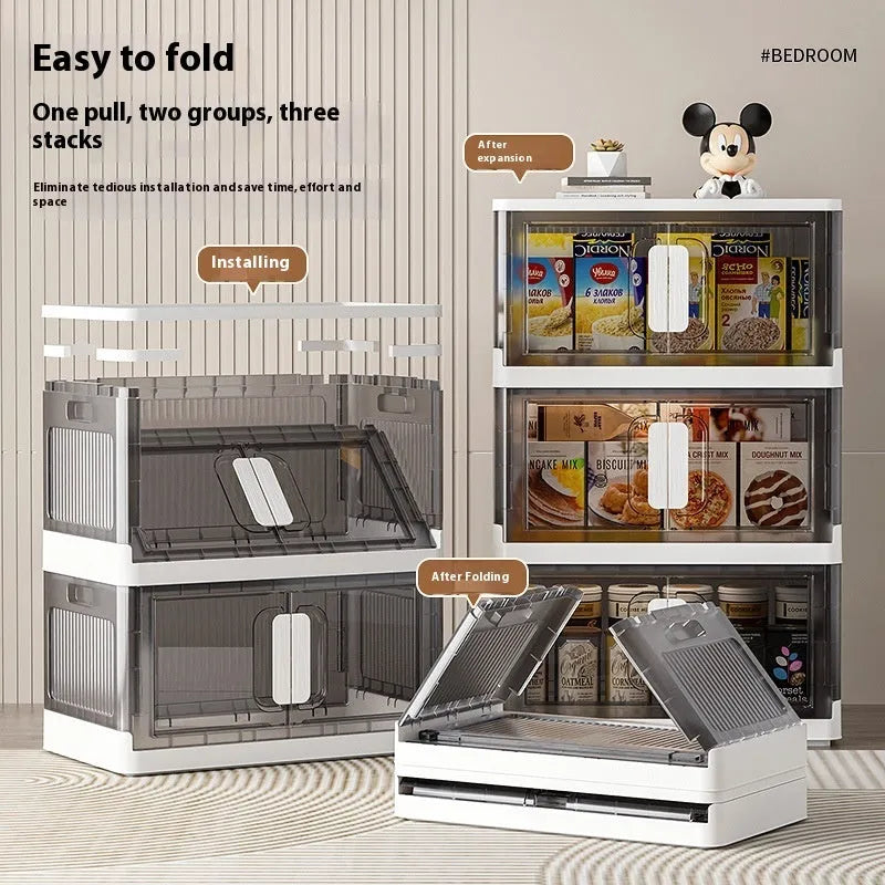 A white foldable storage locker with wheels and multiple shelves, shown in a home setting.