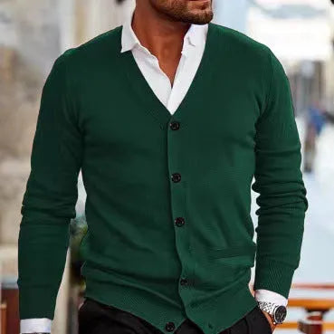 Men's slim fit acrylic cardigan sweater in wine red colour on a hanger.