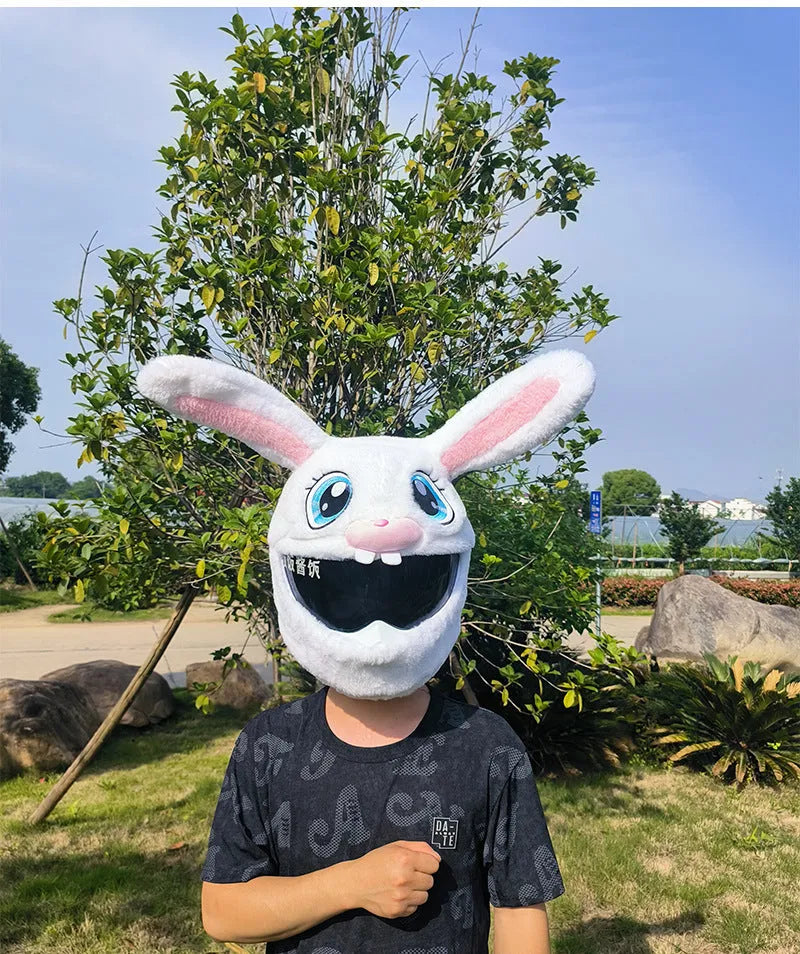 White rabbit head plush helmet cover for electric motorcycles on a helmet.