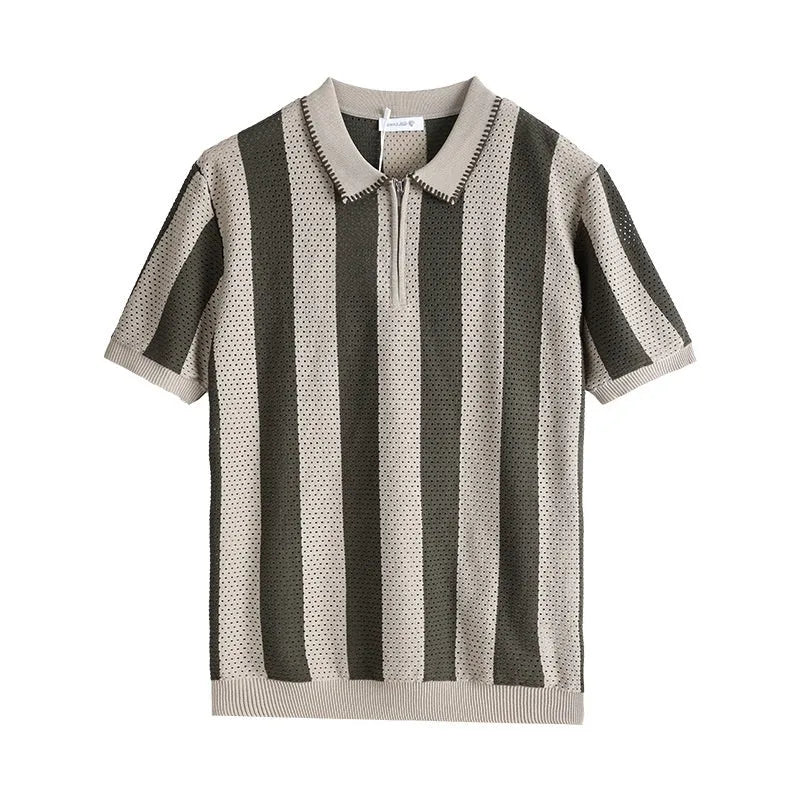 Man wearing a striped short sleeve ice silk sweater with a zip detail on the front, in sapphire blue.