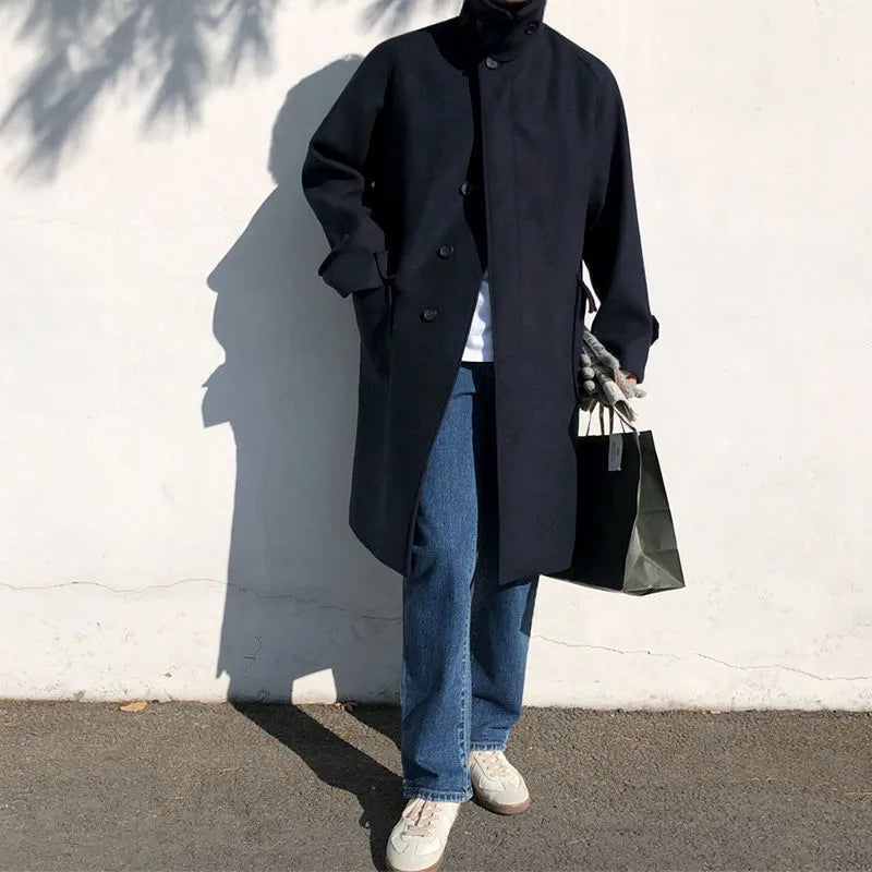 Plus-size women's British style woolen cloth trench coat in blue, slim fit, size M to 2XL