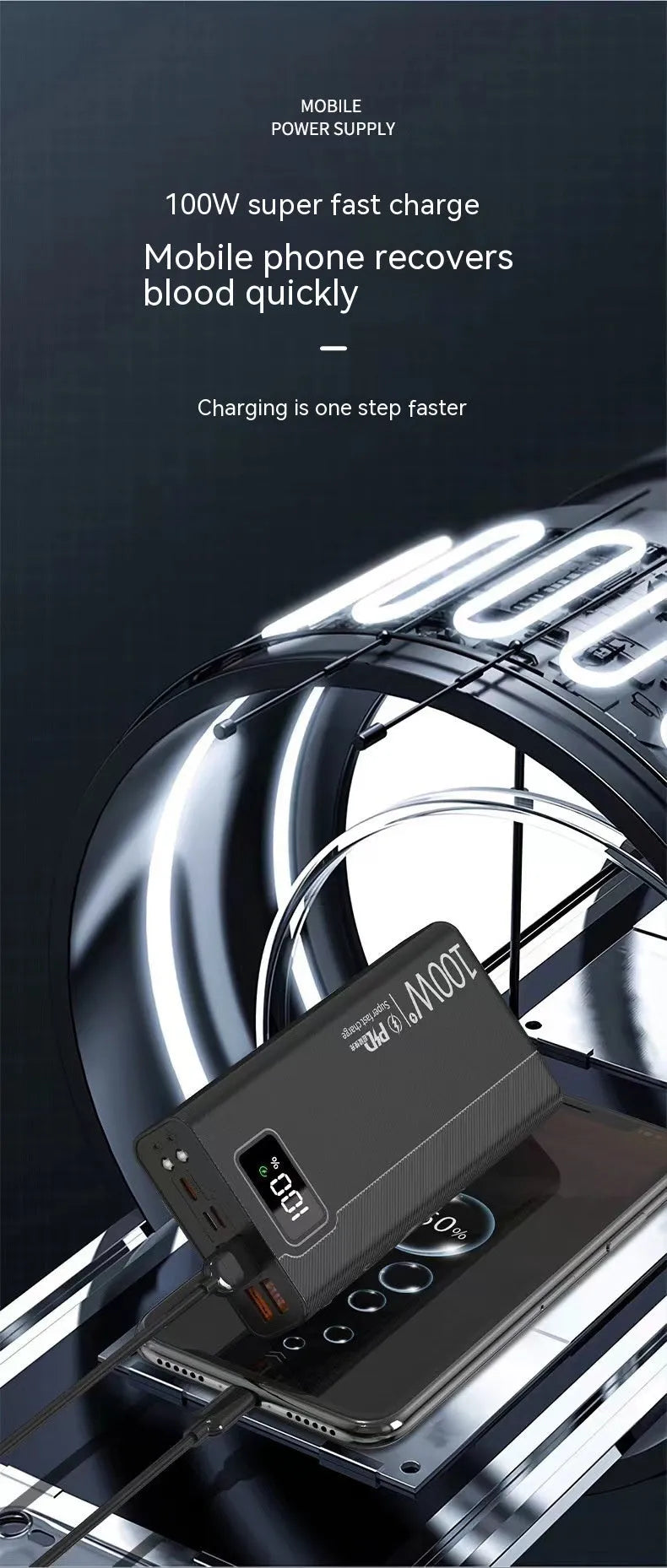 Large capacity power bank in black or white plastic casing with dimensions 150x76mm and multiple thickness options