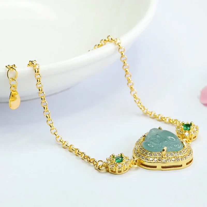Emerald blue water Maitreya Buddha jade bracelet for women, showing inlaid pendant detail.