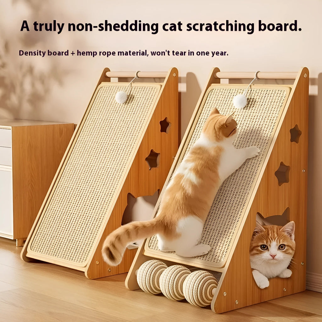 Vertical wall-mounted cat scratch board with sisal surfaces and cat teasing ball with hemp rope