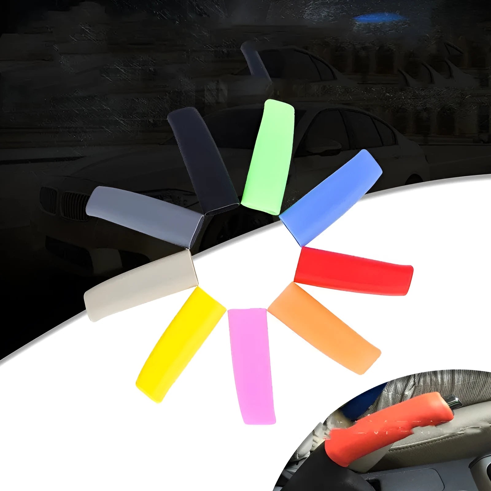 Silicone handbrake sleeve for cars in black, grey, beige, red, and blue colour options.
