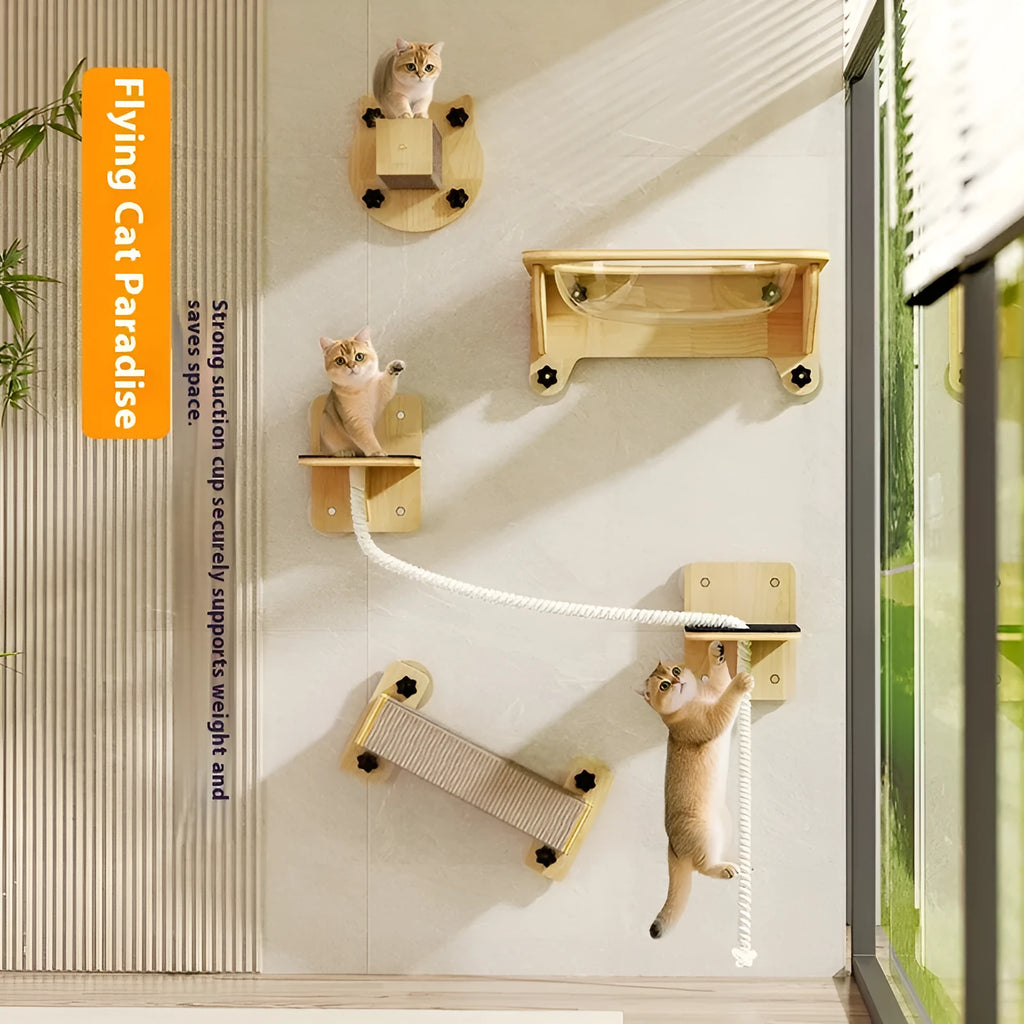 Space capsule shaped cat scratching post with sisal rope, mounted on a window with suction cups.