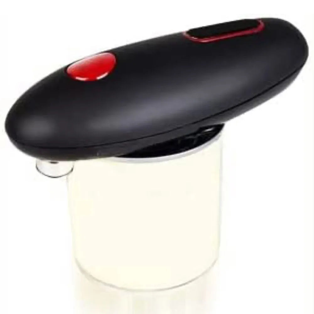 Black electric can opener with battery compartment and one-touch button
