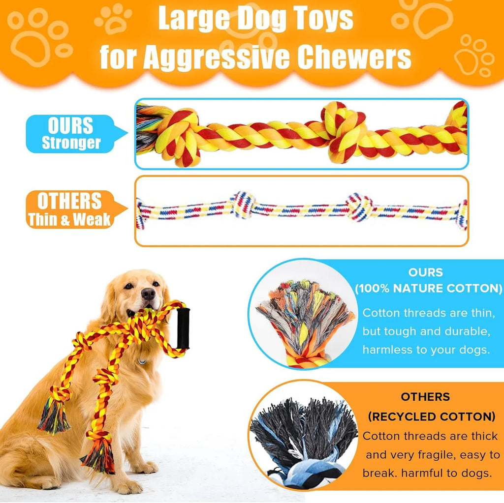 Blue and yellow dog rope toy with ergonomic handle for large breed aggressive chewers