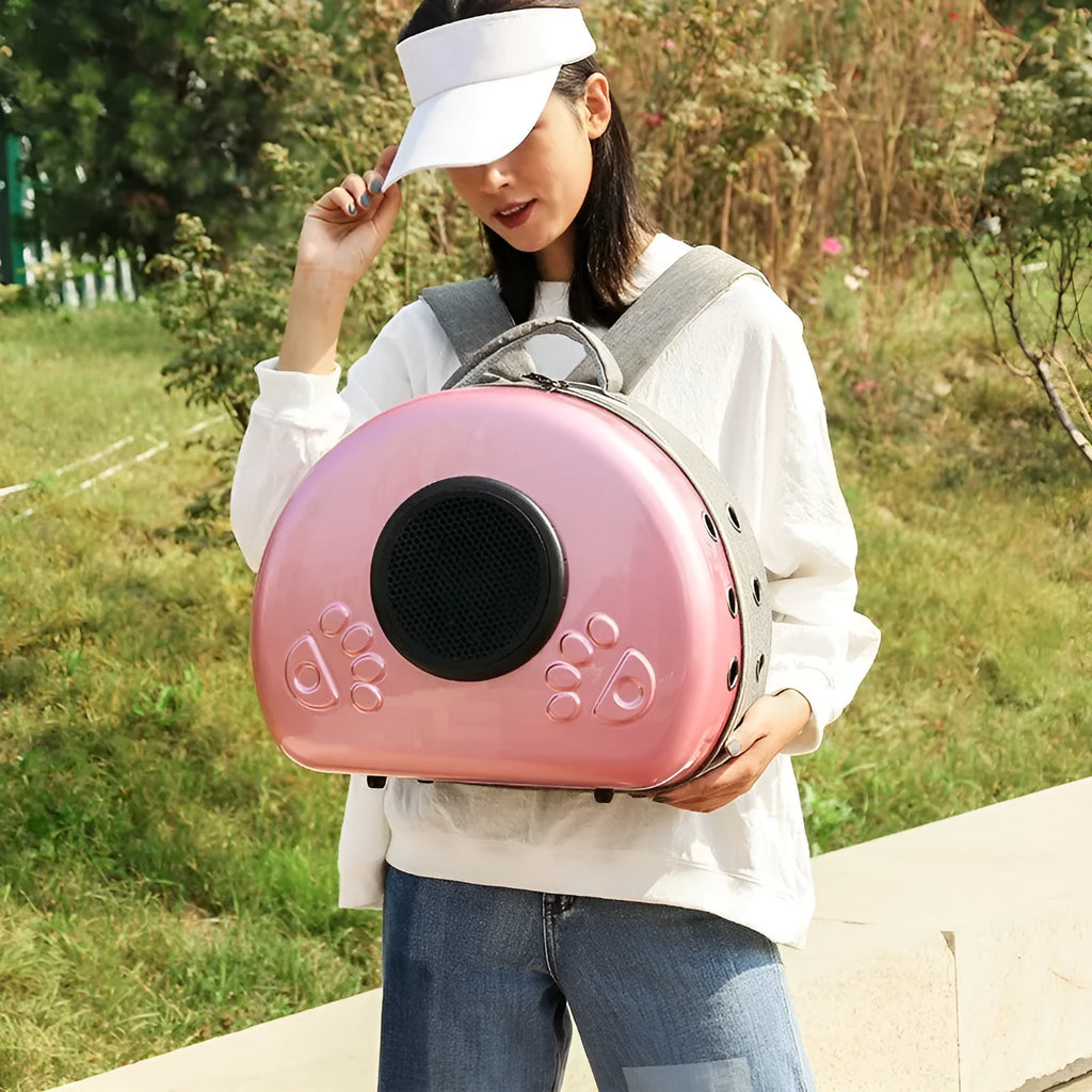 Transparent space capsule cat carrier with removable metallic front cover in pet bag design