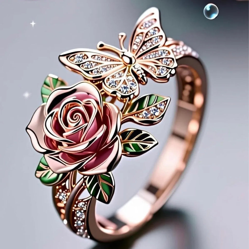 Adjustable butterfly personality ring with colourful oil drip treatment and floral motifs on alloy metal