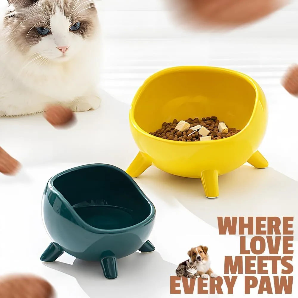 Green ceramic pet bowl with four legs and a rounded rim for stability and spill control.