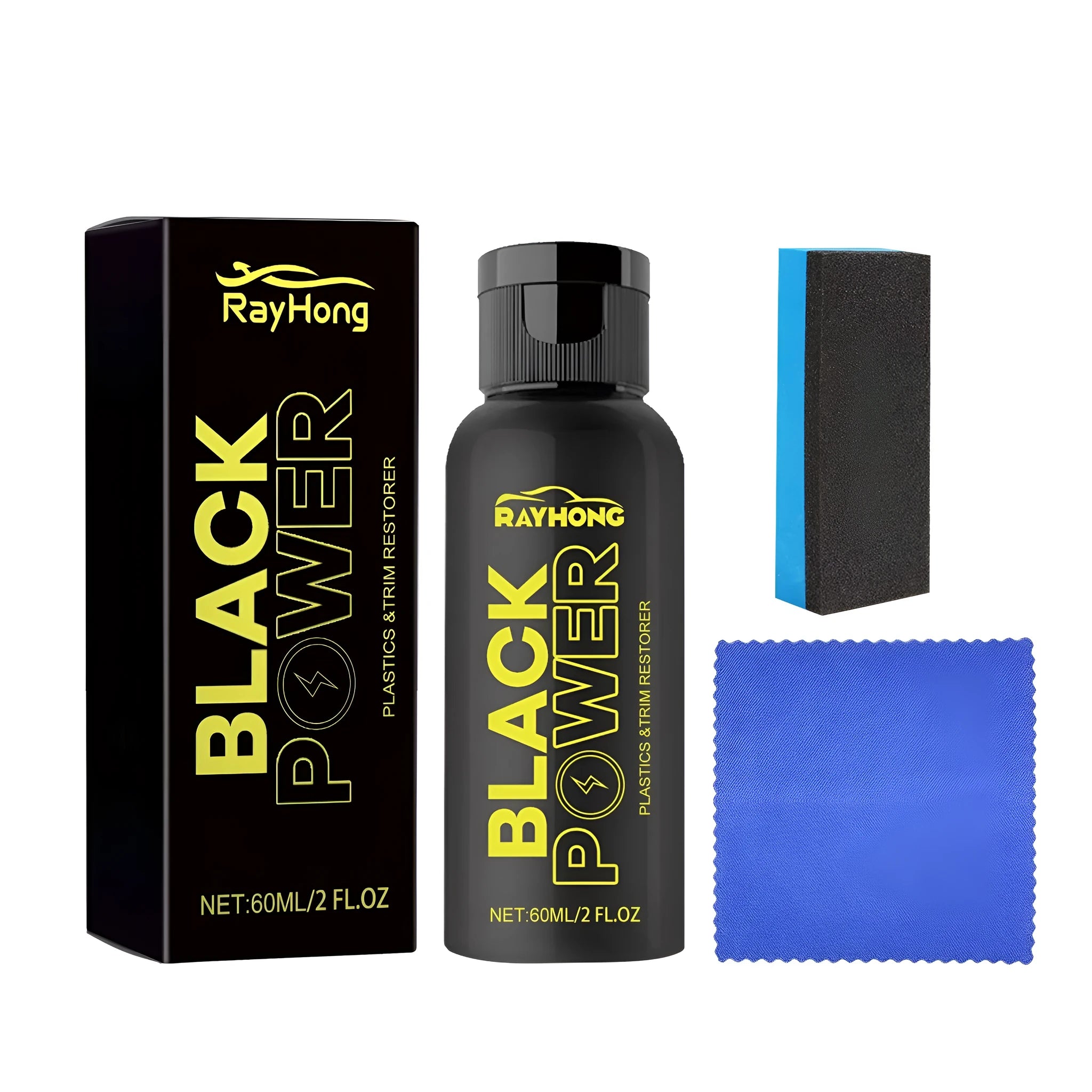 Automotive plastic refurbishment kit with 60ml bottle, sponge applicator, and cleaning cloth.