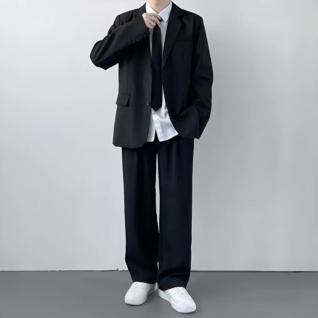 Plus size men's college style suit jacket set with trousers, white shirt and tie on hanger